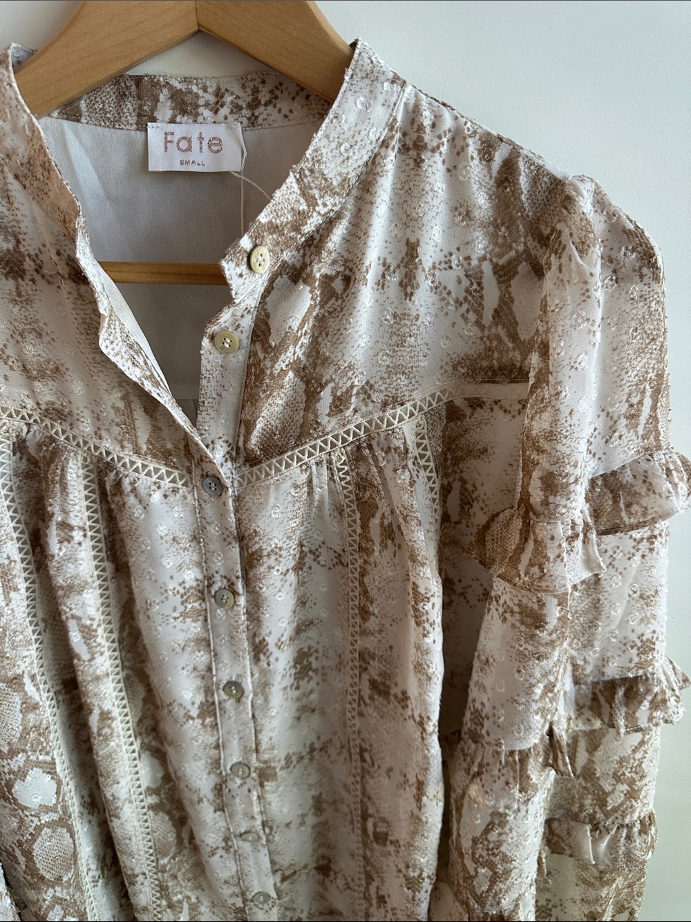 NWOT Fate Snake-Print Ruffle Button Front Blouse - Picture 2 of 13